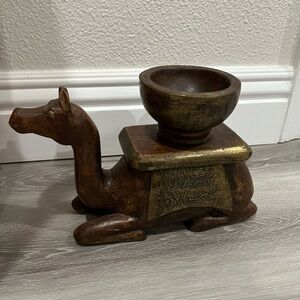 Rajasthan Camel Carved Wood and Brass- Brown and Gold Statue Bowl